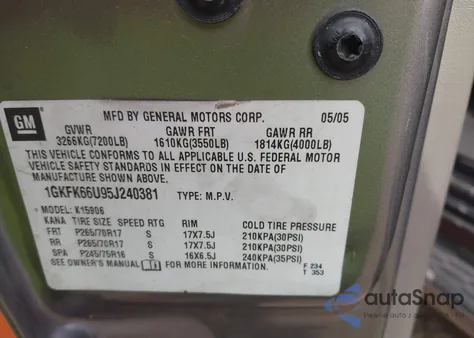 2005 GMC Yukon Xl 1500 Denali z USA, uszkodzony, nr VIN 1GKFK66U95J240381